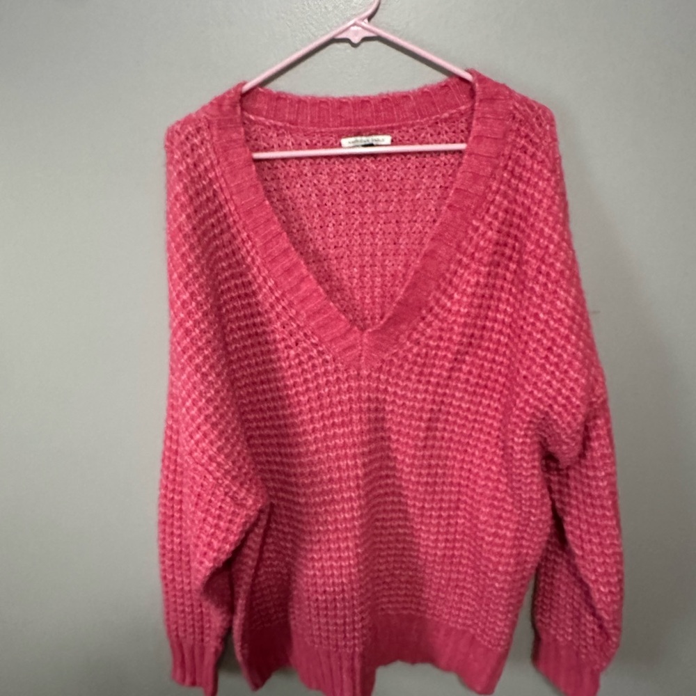 American Eagle Outfitters Deep Pink V-Neck Sweater